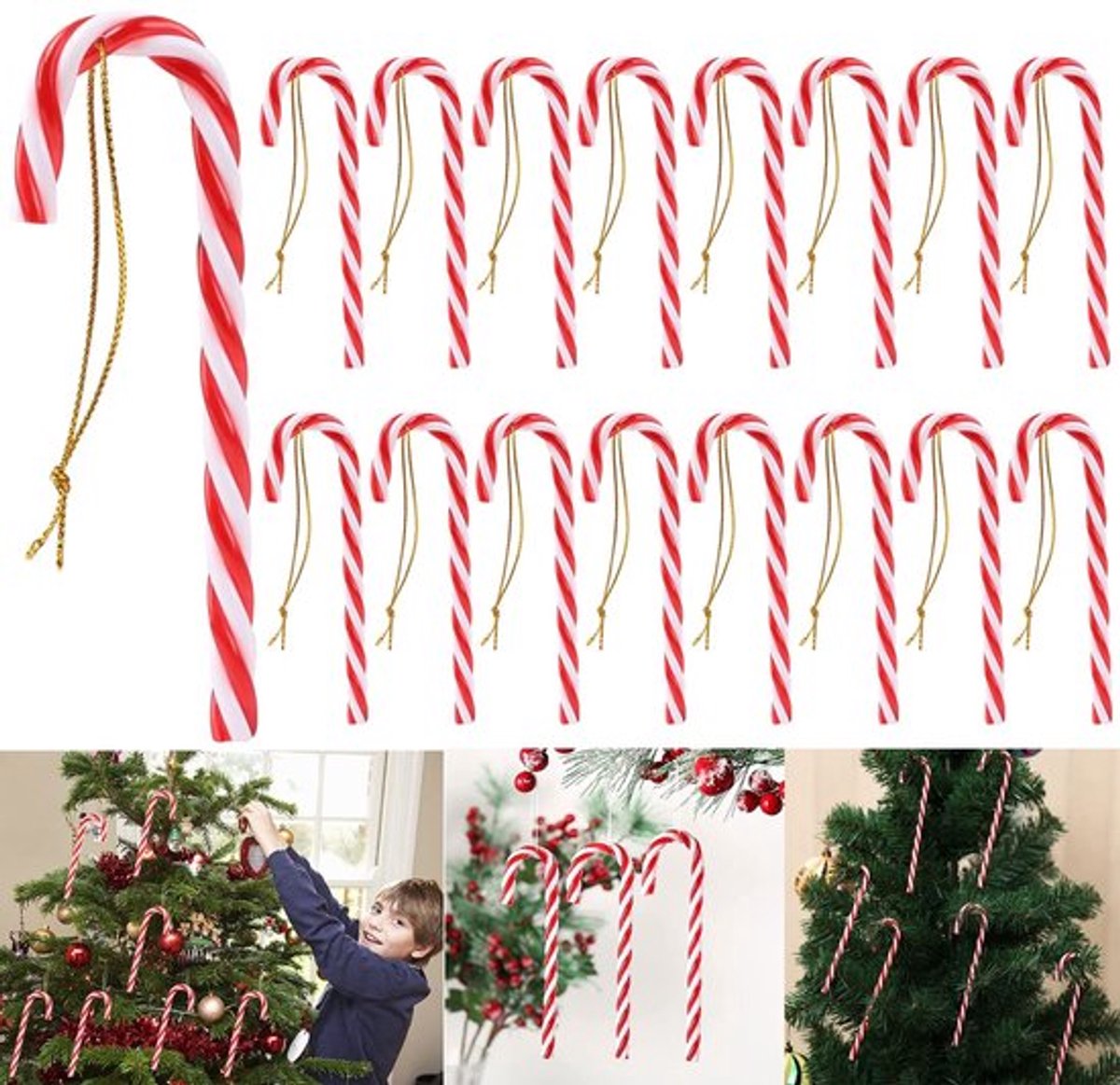 Suikerstokken set 16 stuks - Kerstboomversiering - Hanger - Rode/witte suikerstokken - PVC - 11 cm - Kerstversiering