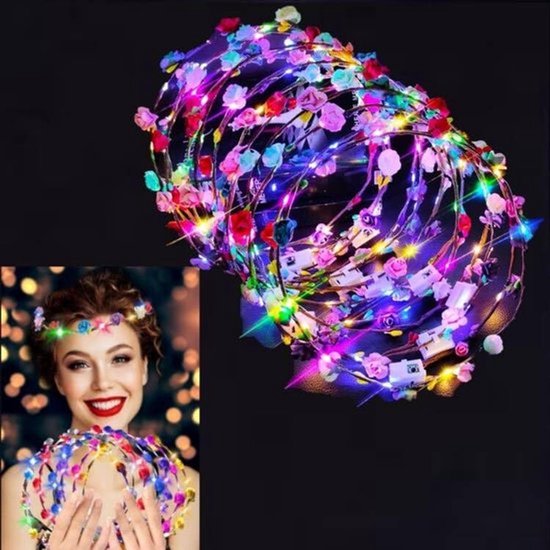 LED-Bloemen 12 Stuks - Meerkleurig - Kunststof - Hoofdband - Kroon - Geschikt voor Dames en Meisjes - Bloemenhoofdtooi