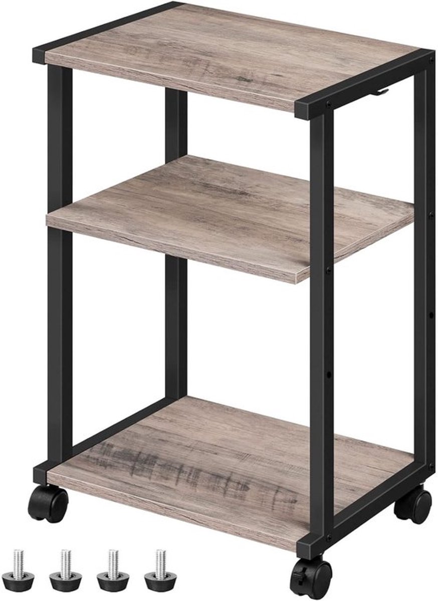 Praktische Printertafel met Wielen, Hoogte Verstelbare Printerstandaard met 3 Planken en 2 Haken voor Kantoor, Fax, Copier en Scanner, 42 x 28 x 64 cm