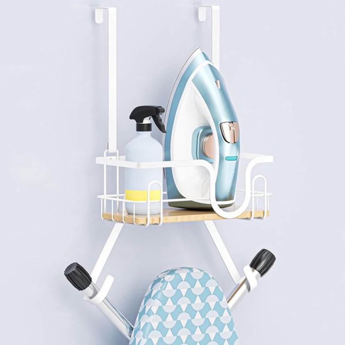 Muurbeugel voor Strijkplank met Opbergbak en Verwijderbare Haken, Ideaal voor Strijkaccessoires en Ruimtebesparing