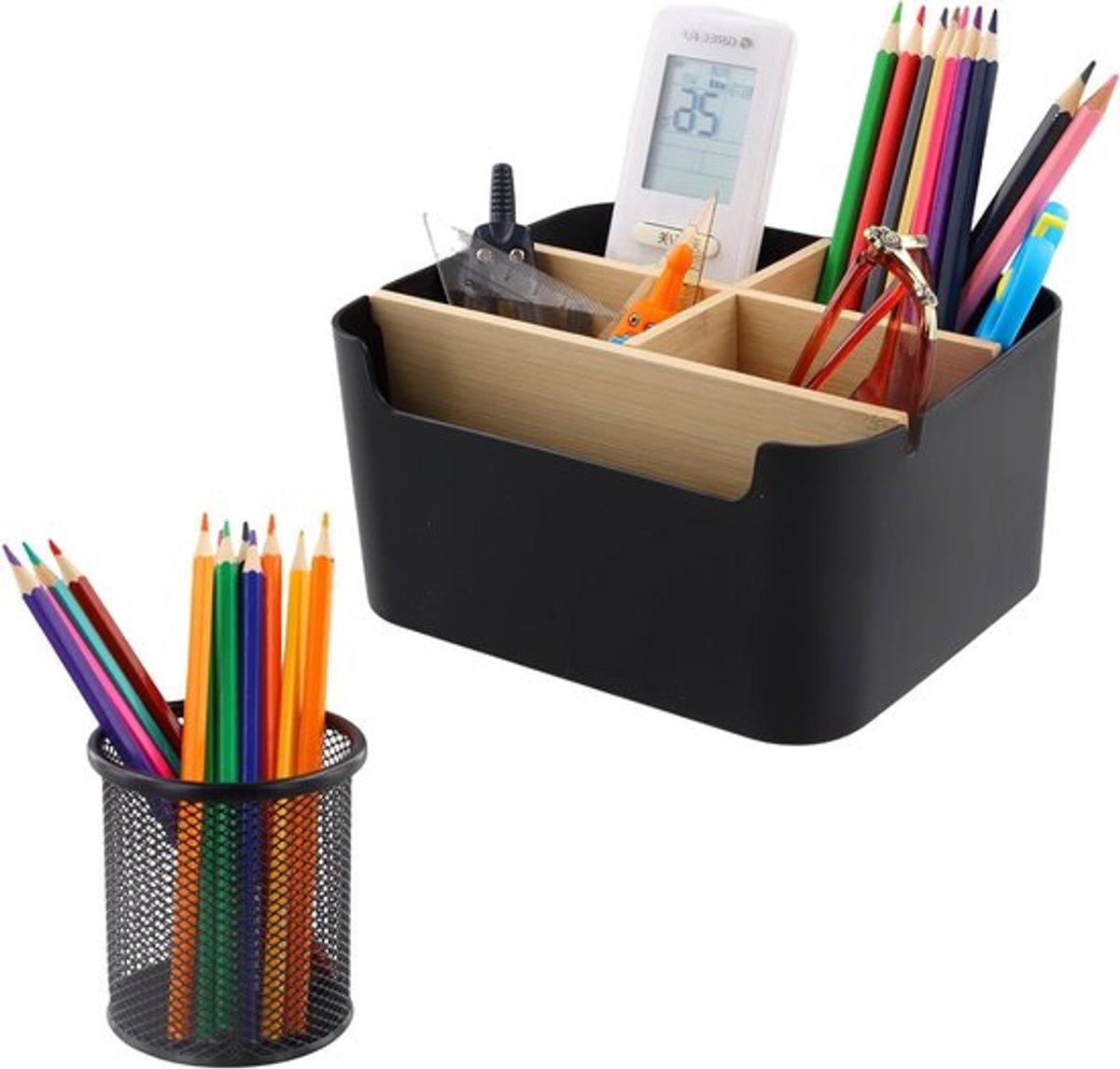 Multifunctionele Houten Bureau Organizer met 5 Compartimenten voor Pennen, Kantoorbenodigdheden en Cosmetica
