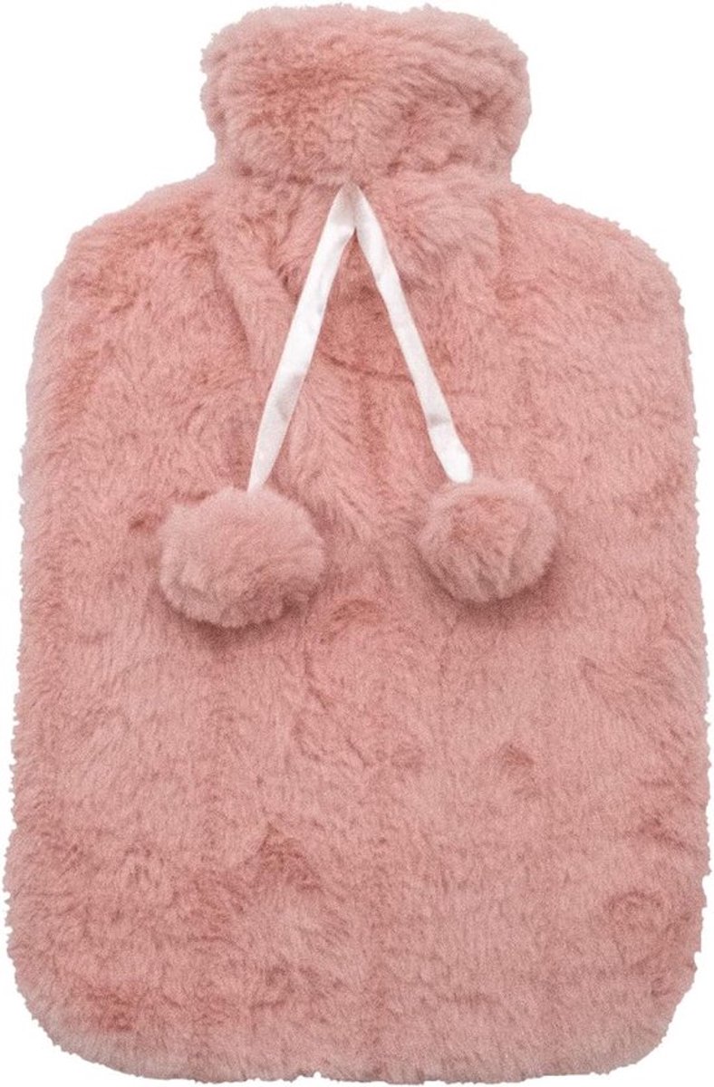 Grote pluizige warmwaterkruikhoes - alleen hoes (warmwaterkruik niet inbegrepen) - Eén maat voor 2 liter fles - blush roze met pompons