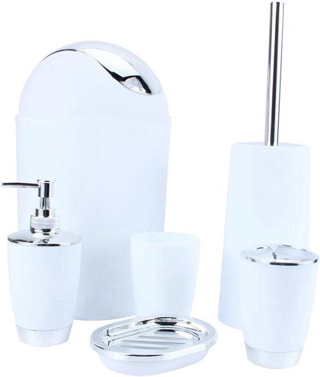 Badkamerset - zeepdispenser - duurzaam - wit - badkameraccessoires - tumbler - toiletborstel - handdesinfectiefles - milieuvriendelijke hars - Geschikt voor diverse badkamerstijlen - 6-delige badkamerset.