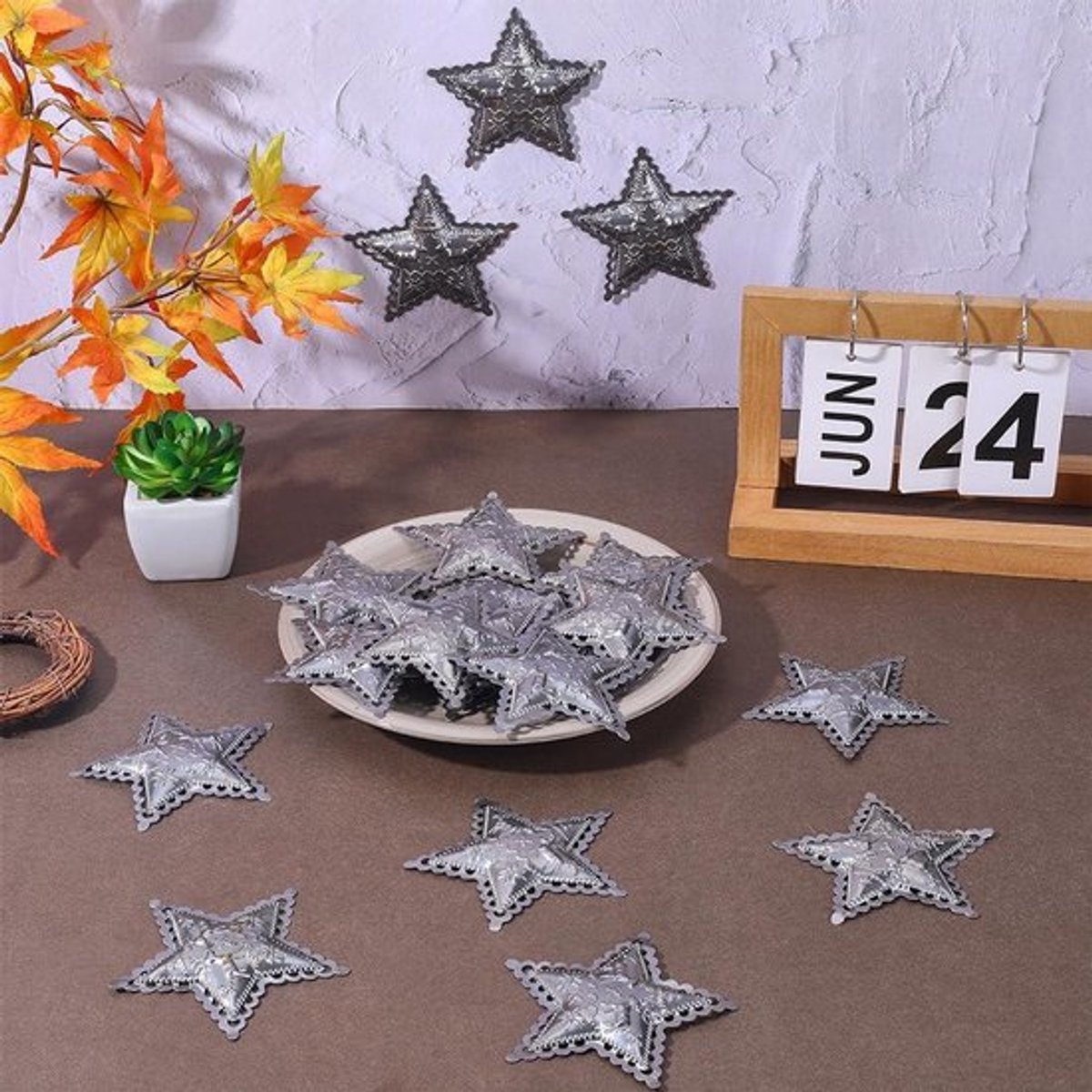 Compatibel - Ster - Ambachten - Vintage - Ornament - Metalen - Kerstboom - Patriottische - Gegalvaniseerde - Zilver - Primitieve - Driedimensionale - 20 Stuks 88mm Sterren voor Onafhankelijkheidsdag