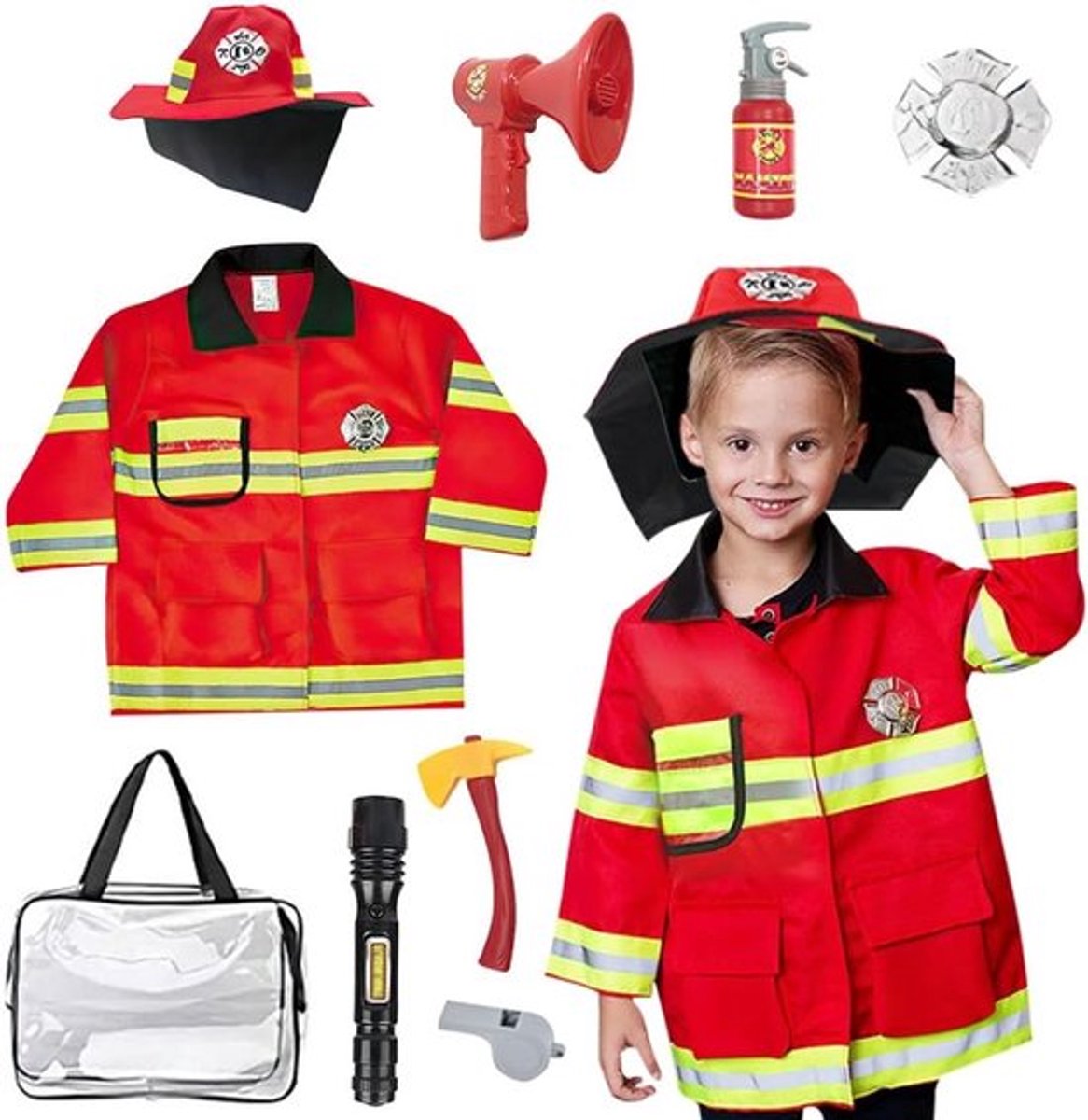 Compleet Brandweerman Kostuum voor Kinderen met Brandblusser en Bijl Speelgoed - Perfect voor Carnaval en Halloween, Leuk voor Jongens en Meisjes