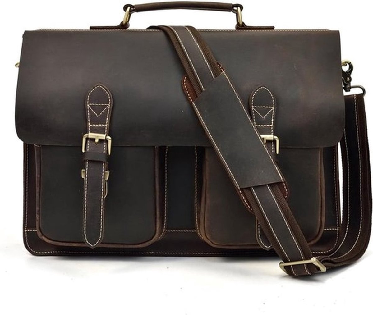 Stijlvolle vintage leren aktetas voor mannen - 14 inch laptop tas, bureautas van echte buffelleer in donkerbruin