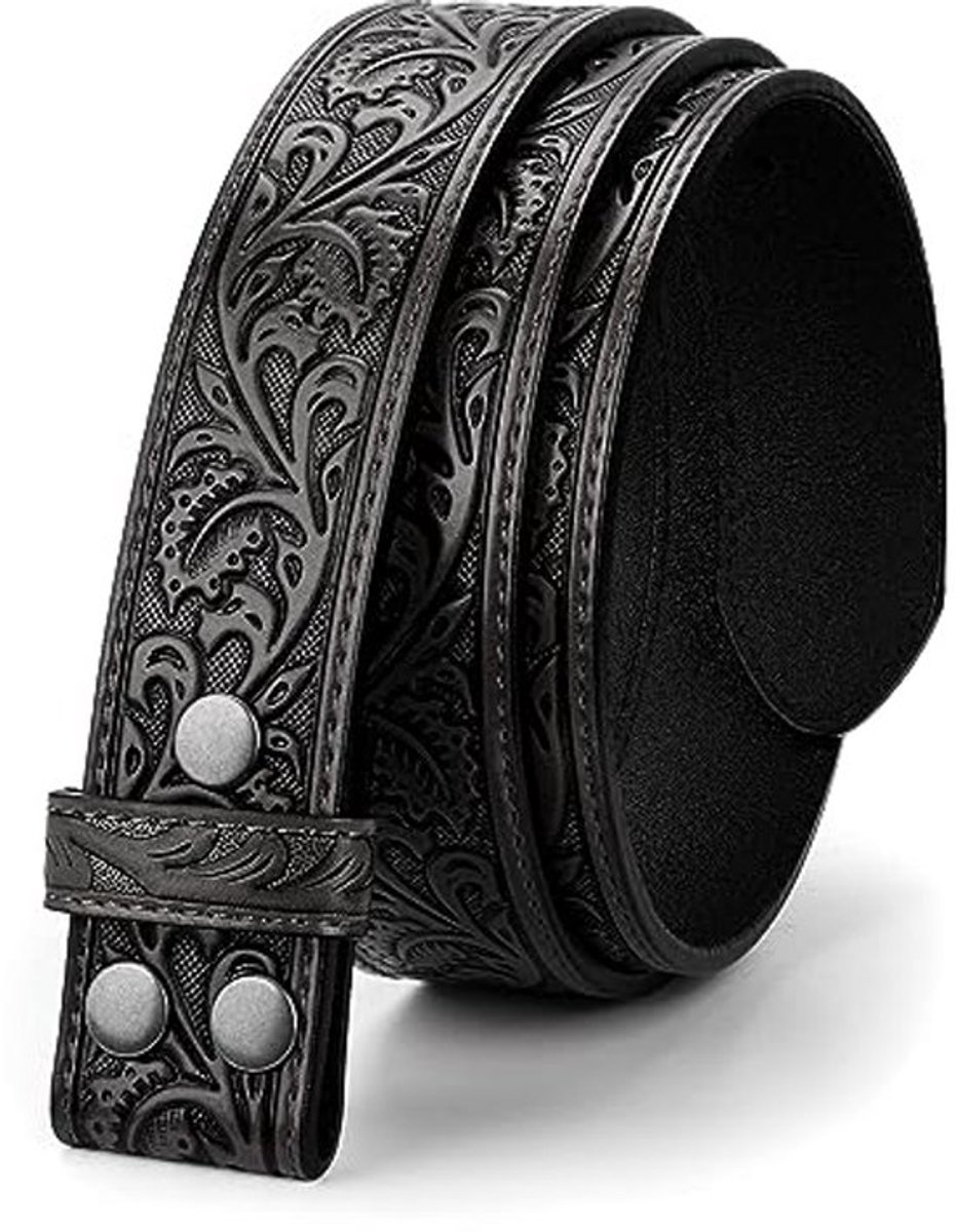 Western herenriem zonder gesp, breedte 3,8 cm, met bloemenpatroon, in leer met reliëf