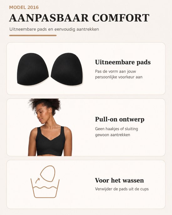Zwarte, uitneembare BH-pads en een zwarte, naadloze BH gedragen door een vrouw met krullend haar.