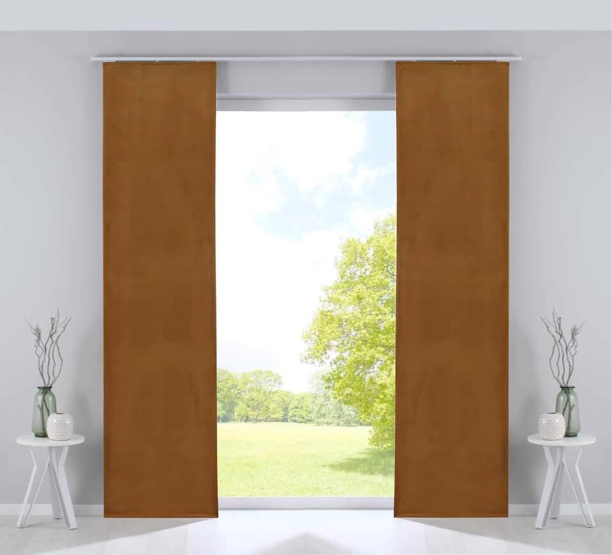 Set van 2 paneelgordijnen, verduistering, schuifgordijnen, fluweel, ondoorzichtig, verduisteringspaneelwagens, verzwaringsstangen, mosterdgeel, H x B 245 x 60 cm, 203571-2