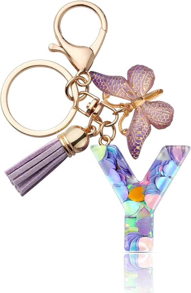 Sleutelhanger met letter meisje sleutelhanger beginletter geschenk vrouwen sleutelhanger vlinder, paars, lila