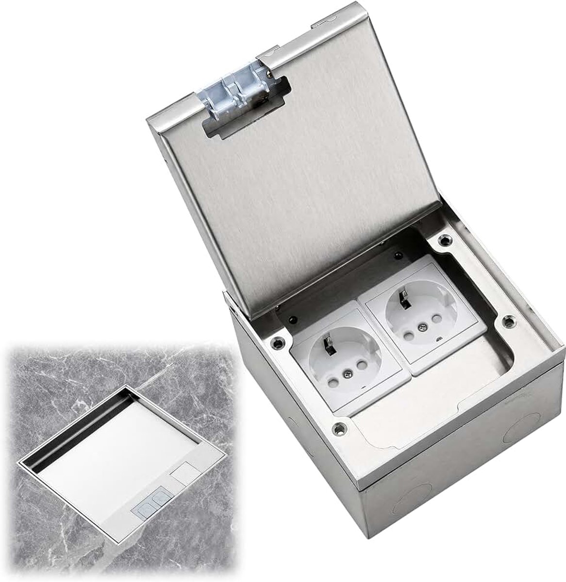 Stopcontact 16A 4000W - inbouwstopcontact met 2 stopcontacten | Roestvrijstalen bodemtank vloerinbouwdoos in zilver voor keuken, kantoor en thuis, AC 250 V