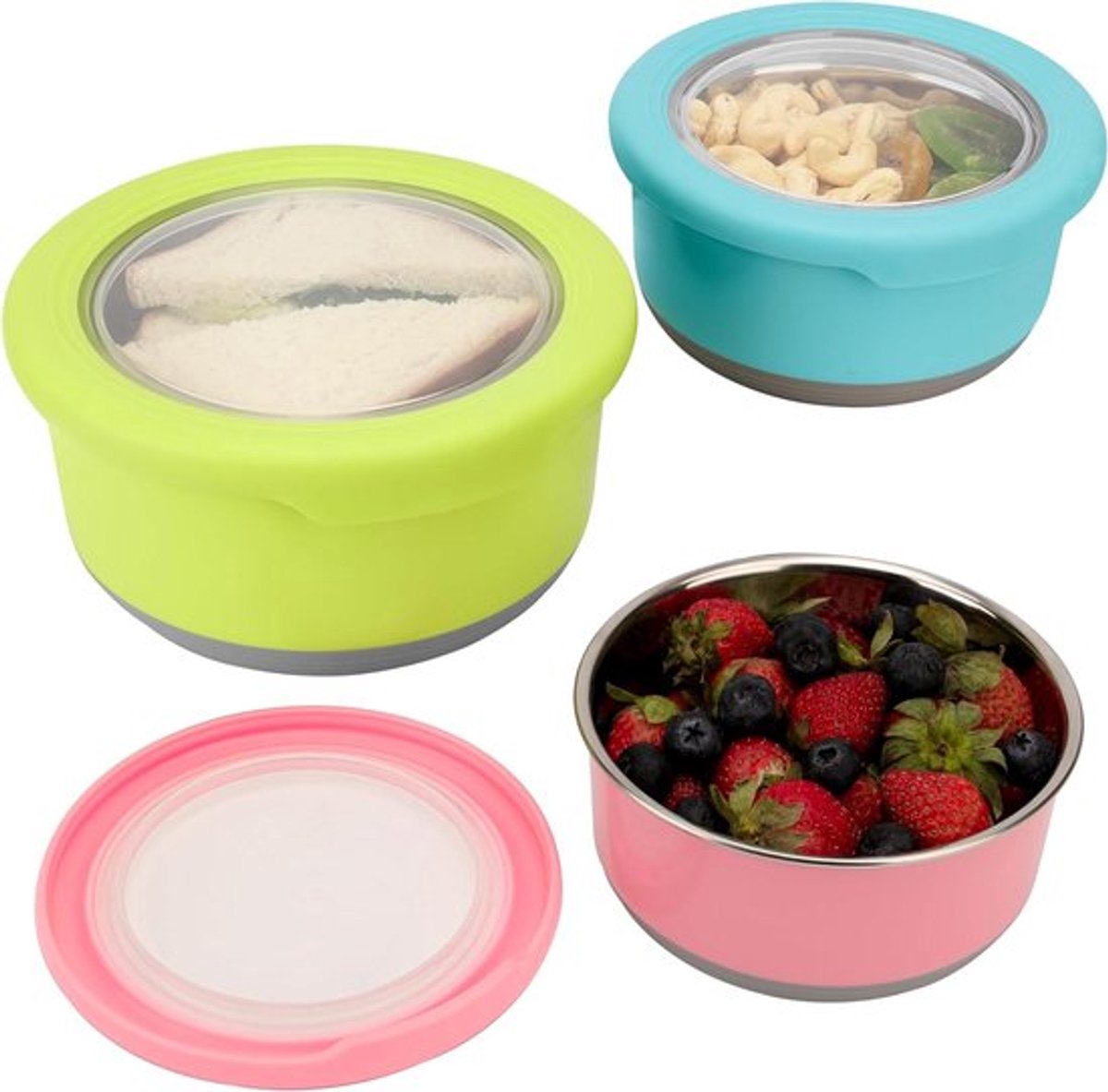 - Voedsel Opslag Containers - 3 Pak - Roestvrij Stalen en Siliconen - Snack Potten - Lekvrije Deksels - Vaatwasser & Diepvries Veilige Lunchboxen met Deksel - Geschikt voor Keuken - RVS/Siliconen - Grijs - Diverse Maten - Set van 3