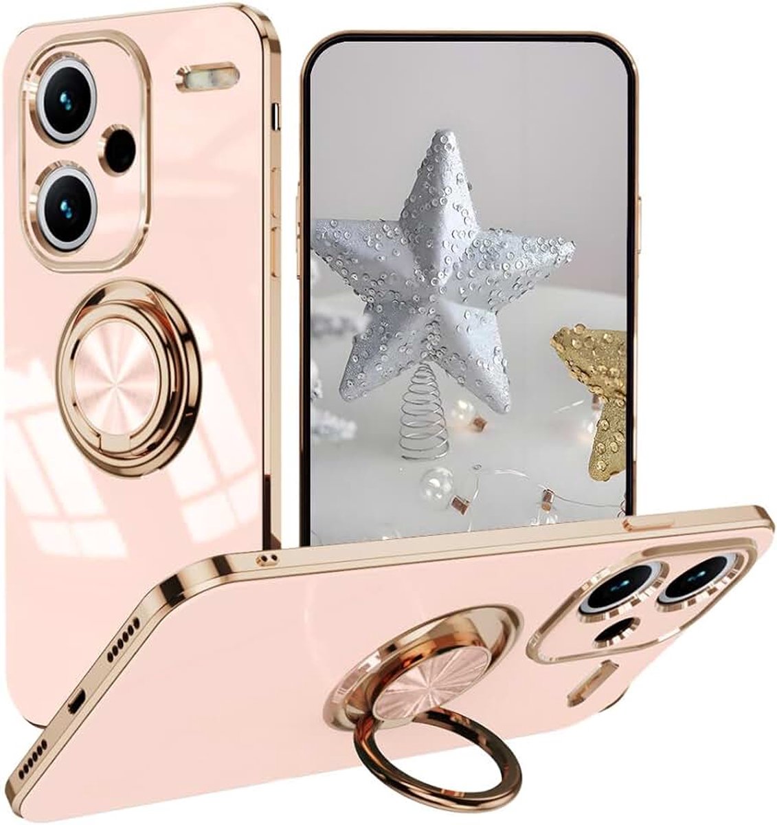 Hoesje voor Xiaomi Redmi Note 13 Pro+ Plus 5G, ultradun, schokbestendig gegalvaniseerd ontwerp hoesje met ringhouder, zachte TPU siliconen bumperhoes, roze