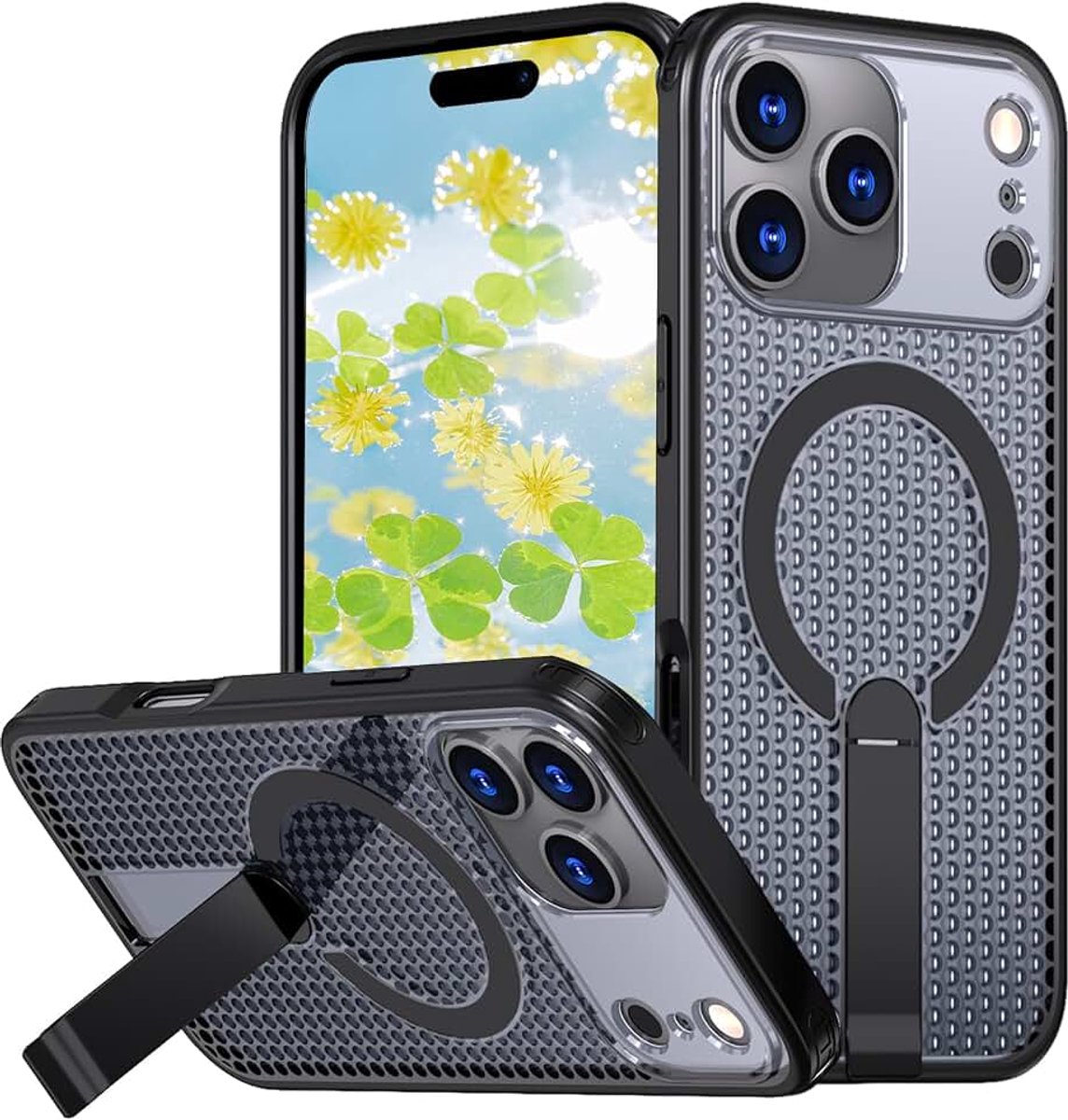 Warmteafvoer voor Apple iPhone 17 Pro Max FX Zwart | Ultradunne Breathable Honingraat Mesh Ontwerp Hard PC met Standaard, Magnetische Heat Dissipation Case voor iPhone 17 Pro Max