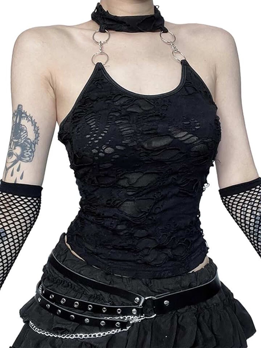 Crop top gescheurde doorzichtige haltertop dames gothic kleding dames