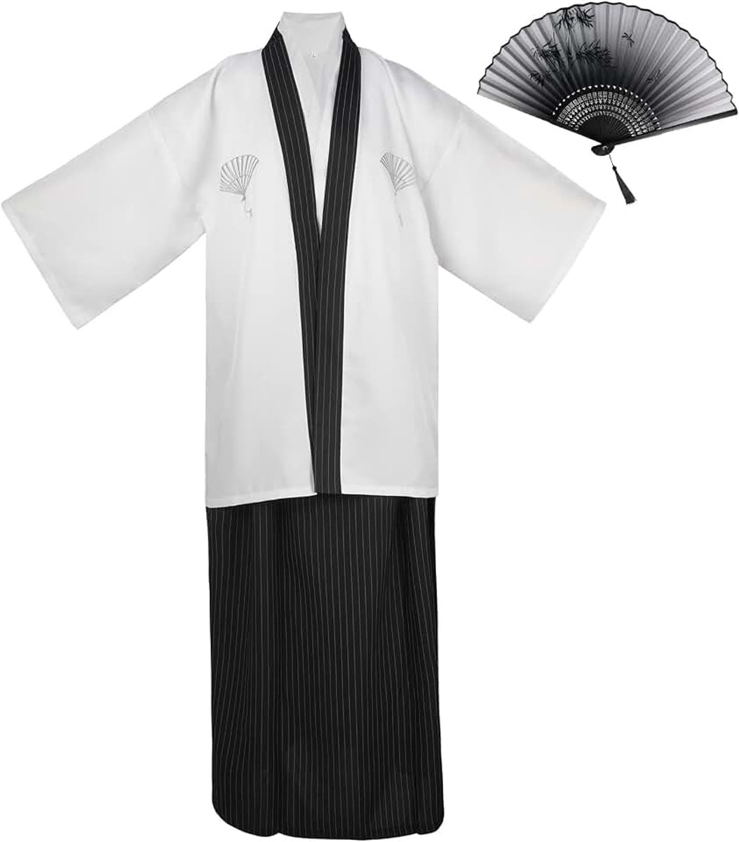 Kimono heren yukata kimono gewaad Japanse traditionele samurai uniform cosplay kostuum Japanse stijl kleding Haori jas top Hakama rok set, één maat