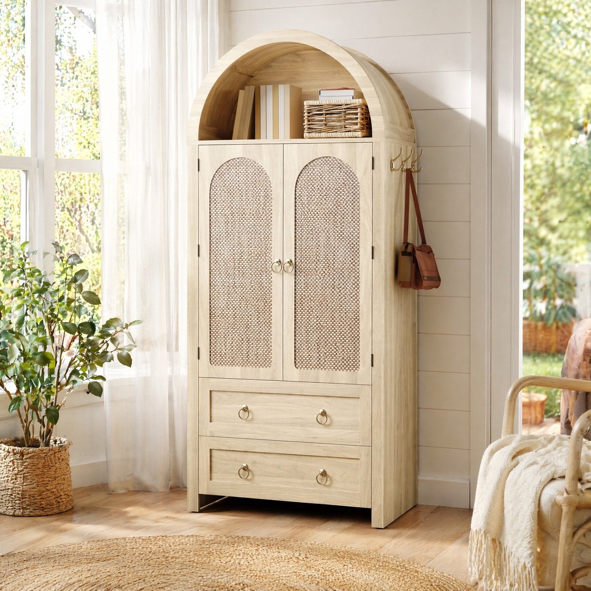 Modenuit Dressoir - Rieten Boogvorm Met 2 Lades En Open Vak - Voor Woonkamer En Slaapkamer - MDF - Eiken