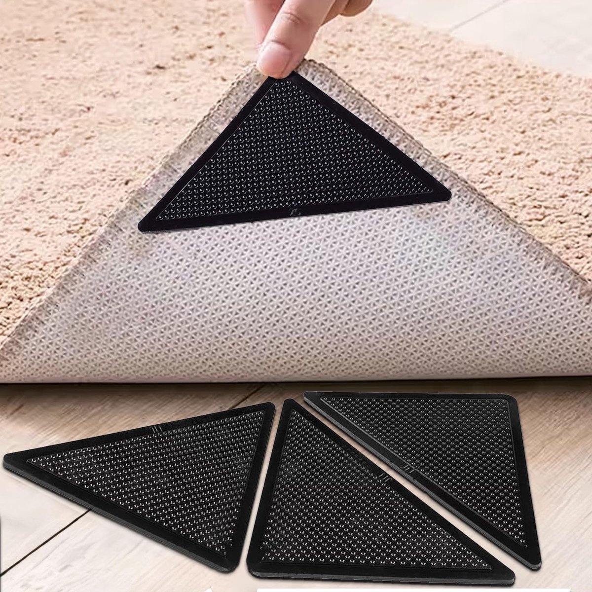 4x anti-slip tapijtstickers - Tapijt tape - Dubbelzijdig zelfklevend - Hoeken tapijt vastplakken - Hoekstickers - Vloerkleed vastmaken - Zwart - Geen omslaande hoeken tapijt - Herbruikbaar - Jonyx