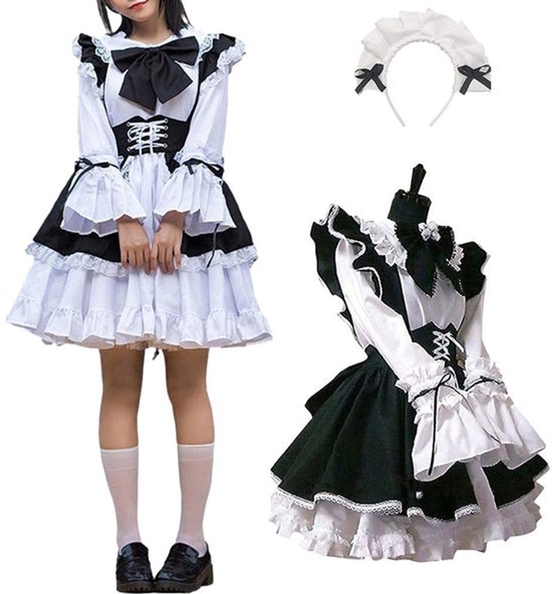 Dames dienstmeisjesoutfit - Cosplay kostuum - Lange jurk met schort - Zwart-wit - Geschikt voor vier seizoenen - Perfect voor rollenspel