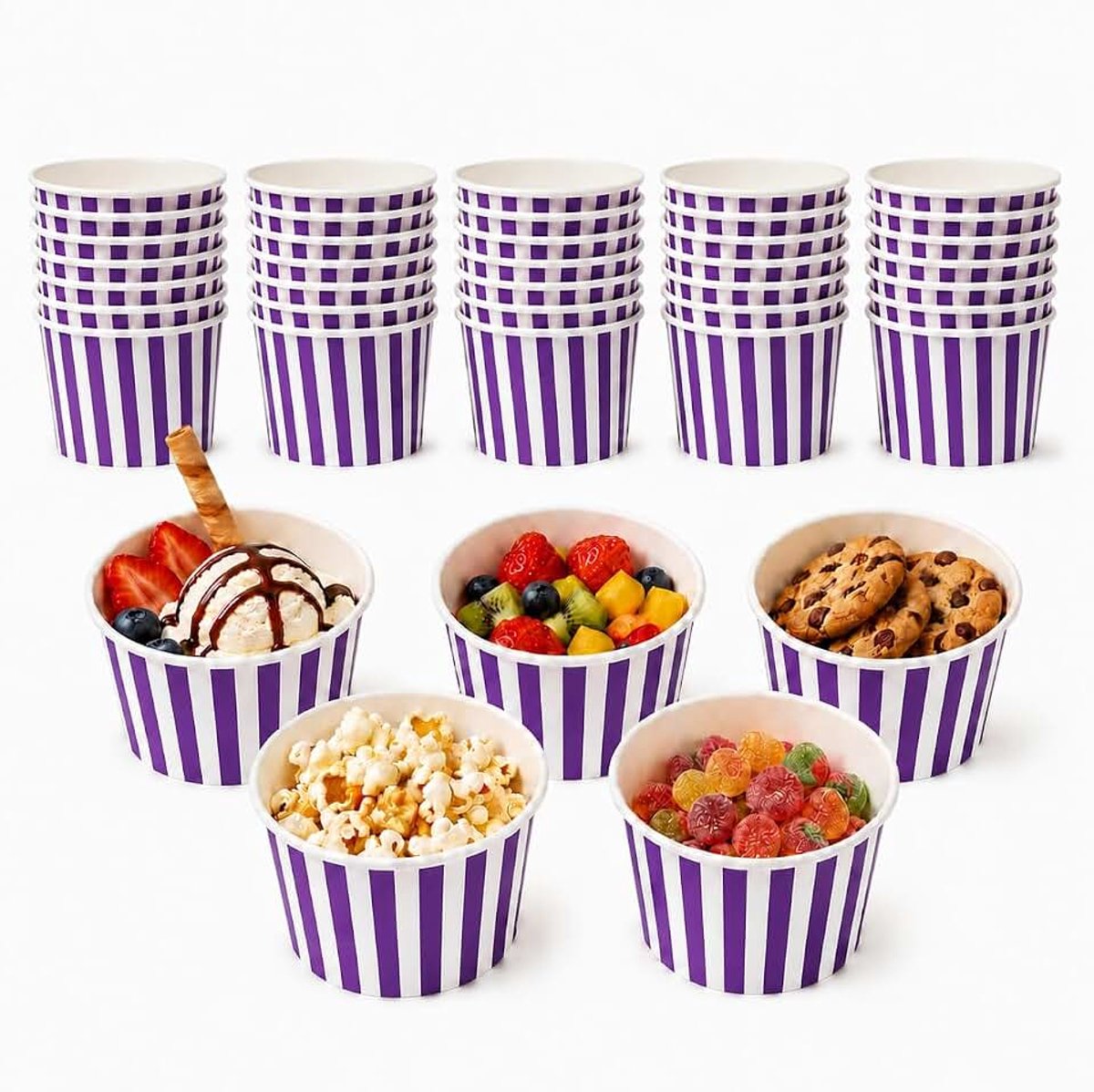 Ijsschaal, versterkte papieren beker, taartbeker, 180 ml met papieren lepel, 50 stuks, paars, gestreept, 50 stuks