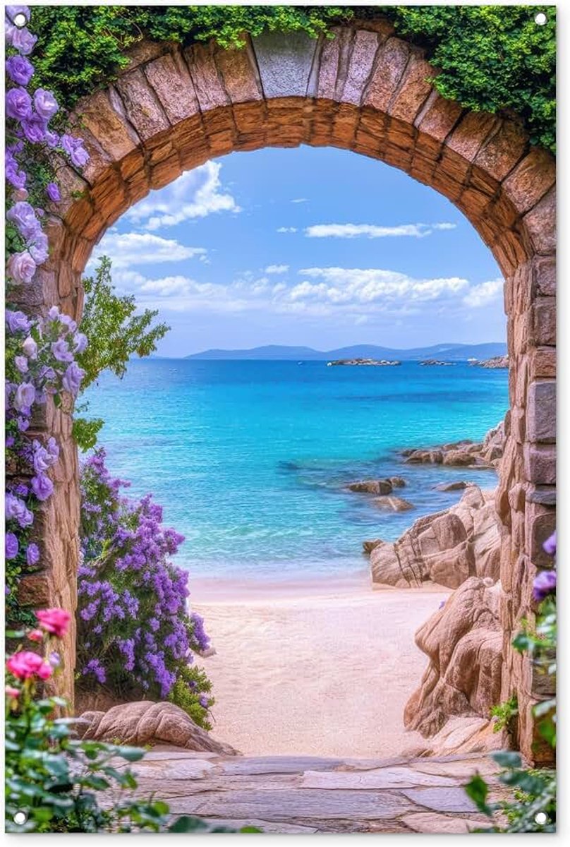 Tuinposter 80x120 cm Balkon Tuindecoratie Poster Garden Outdoor Posters Tuin Decoratie Tuinposters Voor Buiten Terras Tuinmuurdecoratie Doorkijk - Poort - Zee - Strand - Rotsen