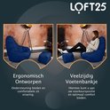 Twee afbeeldingen van een donkerblauwe zitzak met voetenbankje. Links: zitzak zonder persoon. Rechts: zitzak met persoon.