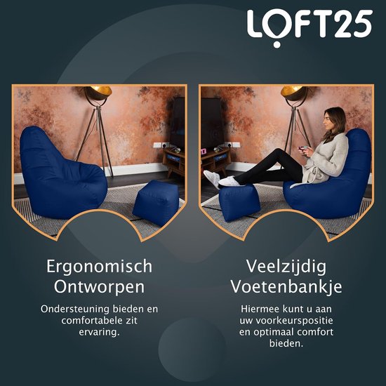 Twee afbeeldingen van een donkerblauwe zitzak met voetenbankje. Links: zitzak zonder persoon. Rechts: zitzak met persoon.