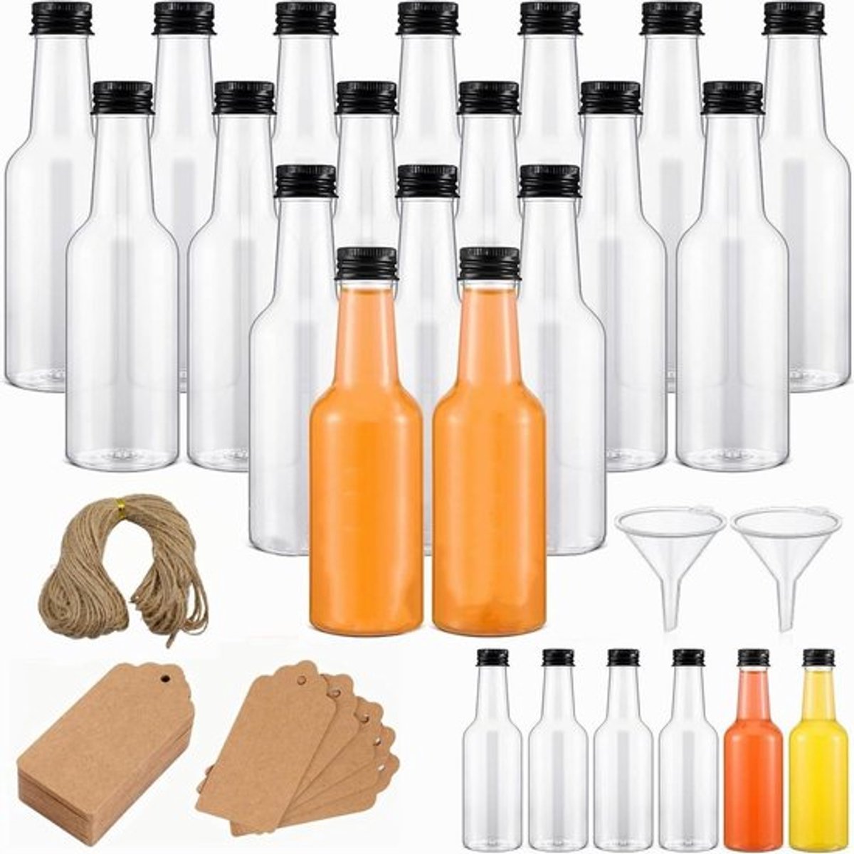 Mini likeur flesjes 24-pack 100ml met zwarte schroefdoppen - lege kunststof drank flessen - mini alcohol flesjes met labels, trechter - cadeaus voor bruiloften & feesten - herbruikbaar.