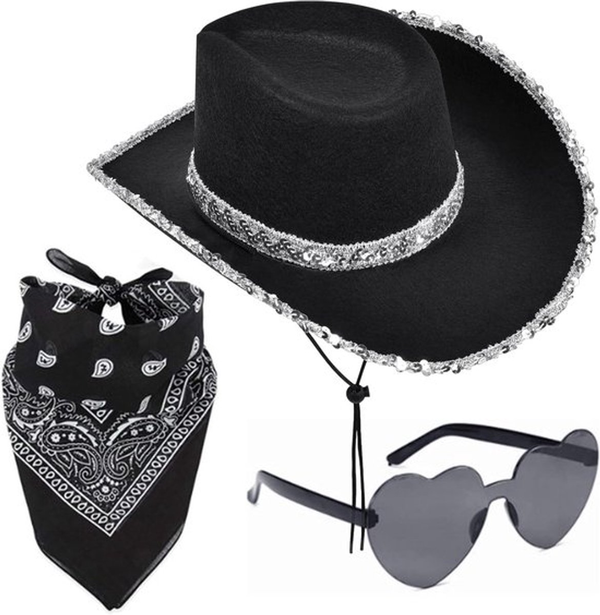 3-delig Cowboy Hoed Kostuum Accessoire Set met Zwarte Hoed, Bandana en Zonnebril voor Verjaardag, Halloween en Feestjes