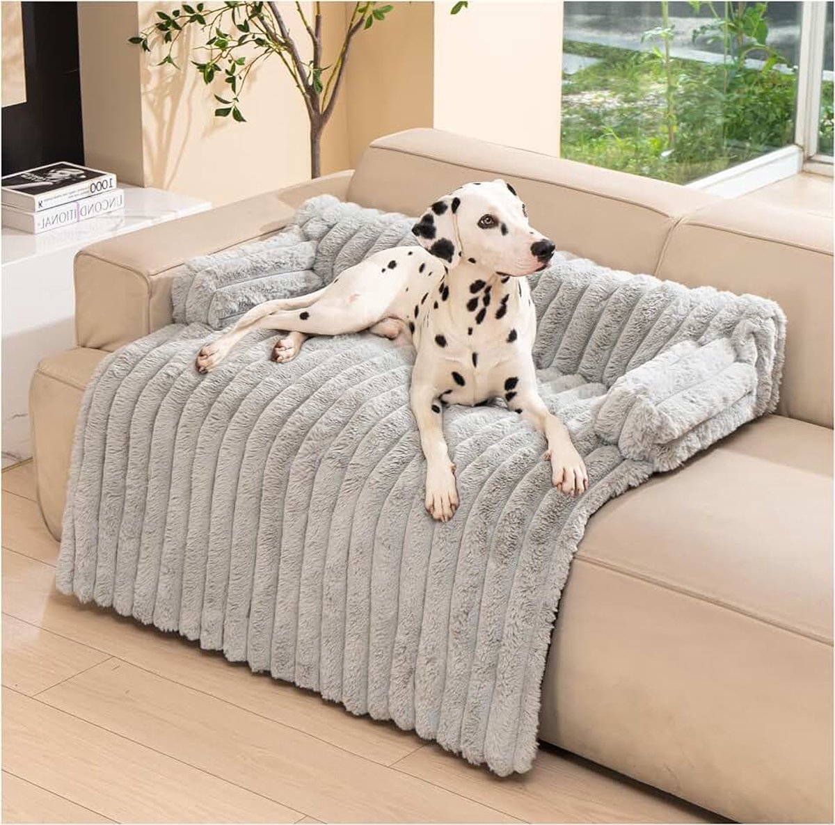 Kalmerend hondenbed, pluizige hondenmat, deken voor bank, meubelbeschermer voor middelgrote en grote honden en katten, met afneembare wasbare hoes en slipvaste onderkant, lichtgrijs (L)