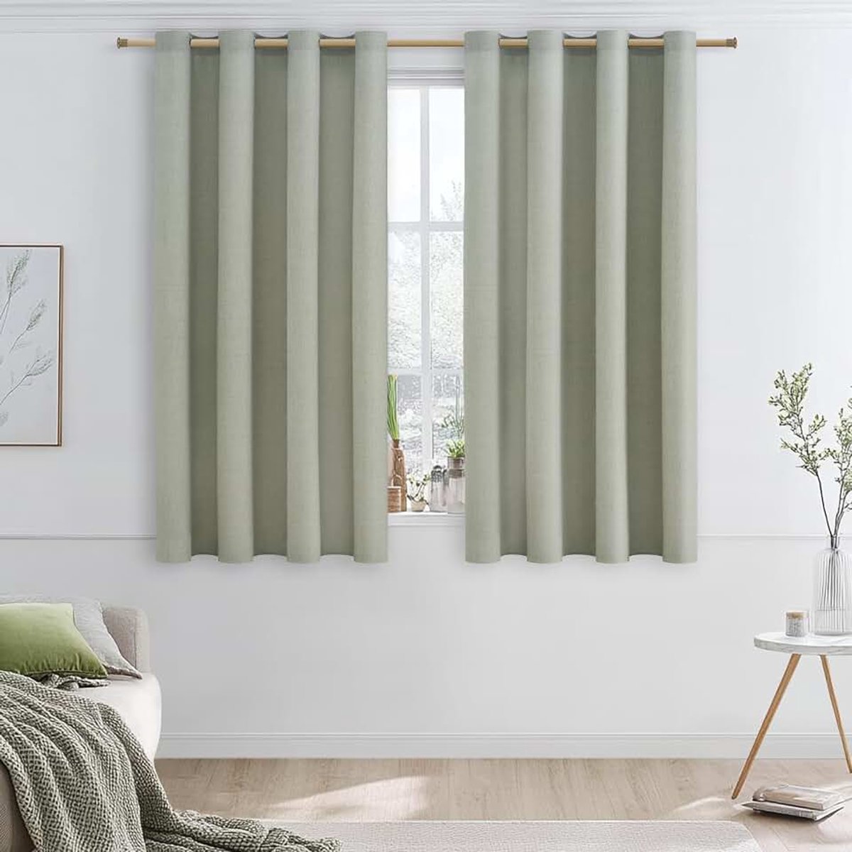 Korte linnen gordijnen voor ramen in de keuken, 140 x 160 cm, gordijnen voor slaapkamer, 2 stuks, gordijnen met ringen voor binnen, semi-transparant, saliegroen