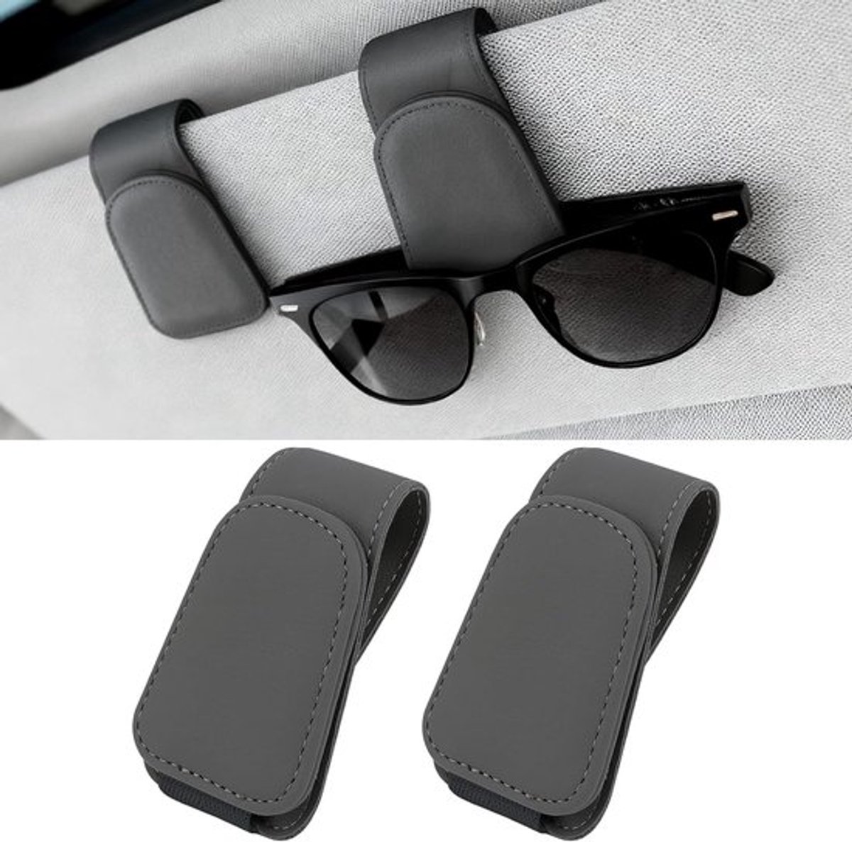 Tweedelige magnetische zonnebrilhouder set, geschikt Geschikt voor zonnekleppen in de auto, biedt ruimte aan brillen en pasjes, universeel en praktisch autoaccessoire (grijs).