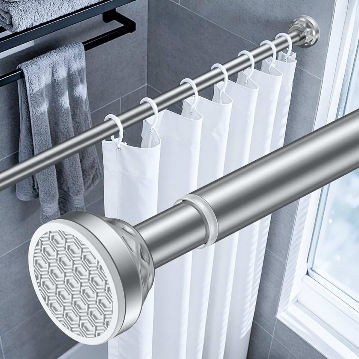 Stangen zonder boren, 82-204 cm, verstelbare douchegordijnstang, antislip veerspanning, roestvrije roestvrijstalen douchestang voor badkamer, zilver, meteorietpatroon