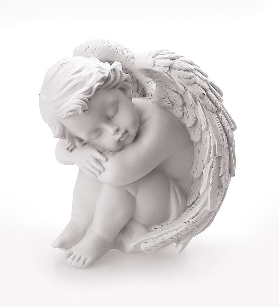 Decoratieve engelfiguur zittend in slaap 12 cm - van wit polystone - mooi bewakersbeeldje - Kind Dromengel