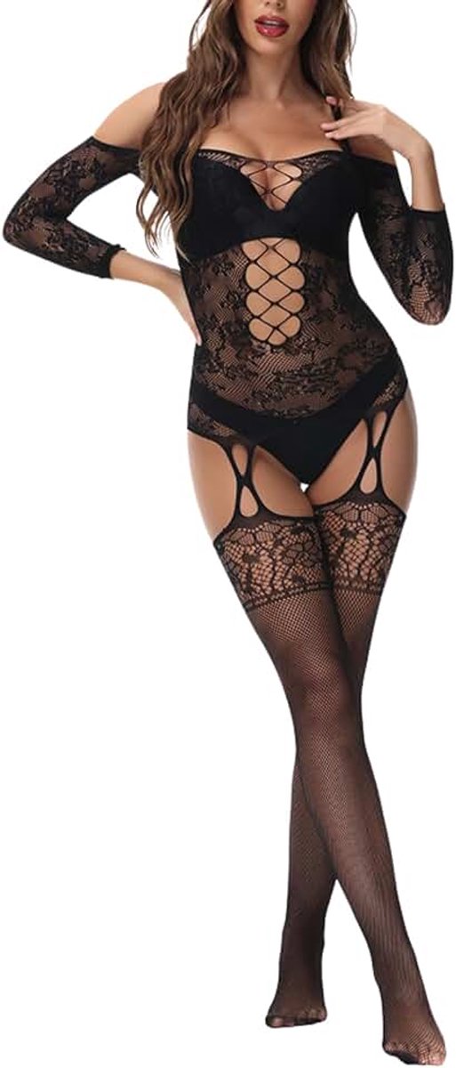Kanten lingerie bodystocking sexy kousenband ondergoed transparant netbody halve mouw rugvrij babydoll visnet lingerie voor party rave