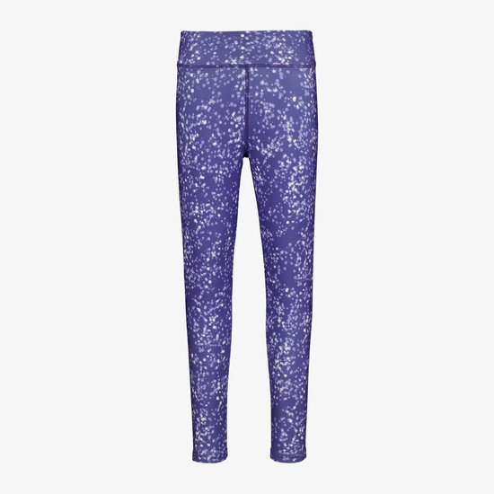 Paarse sportlegging met all-over spettermotief in lichte tinten, tot aan de enkel.