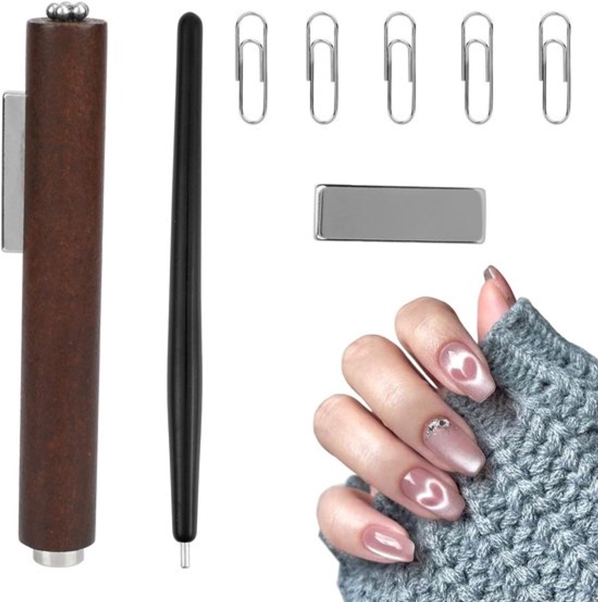 Cat Eye Nagelmagneetpenset voor DIY Nagels - 3-in-1 Tool met Vierkante Magneet - Inclusief 5 Paperclips - Voor Thuis en Salon Gebruik