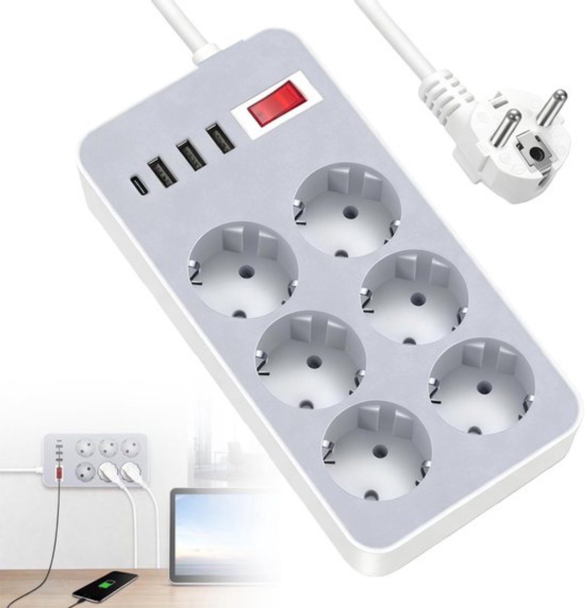 Meervoudige Stekkerdoos - 10-in-1 Stekkerdoos - Met USB - Overspanningsbeveiliging - Ideaal voor thuis en op kantoor - Geschikt voor me