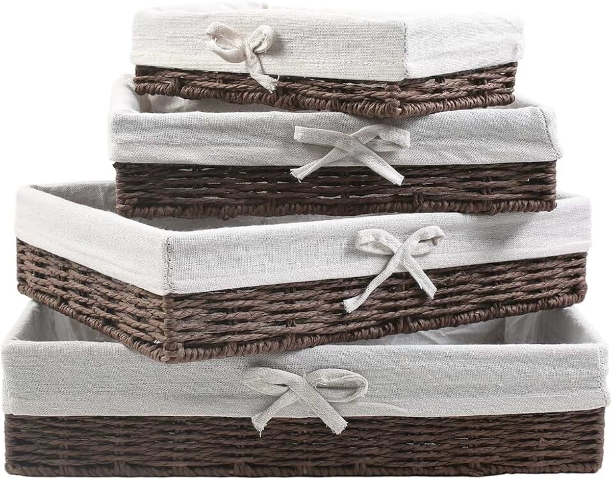 Set van 4 gevlochten broodmanden, 25/30/35/40 cm, met katoenen inzetstuk, bruin handgeweven, met gevlochten broodmand, gevlochten broodmand, gevlochten opbergmand, broodmand