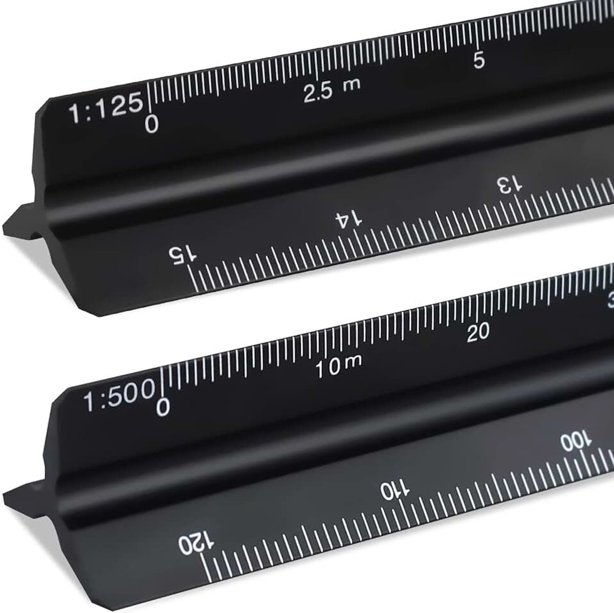 2 stuks driehoekige schaalliniaal 30 cm, schaal 1:20, 1:25, 1:50, 1:75, 1:100, 1:125 en 1:100, 1:200, 1:250, 1:300, 1:400, 1:500 (zwart)
