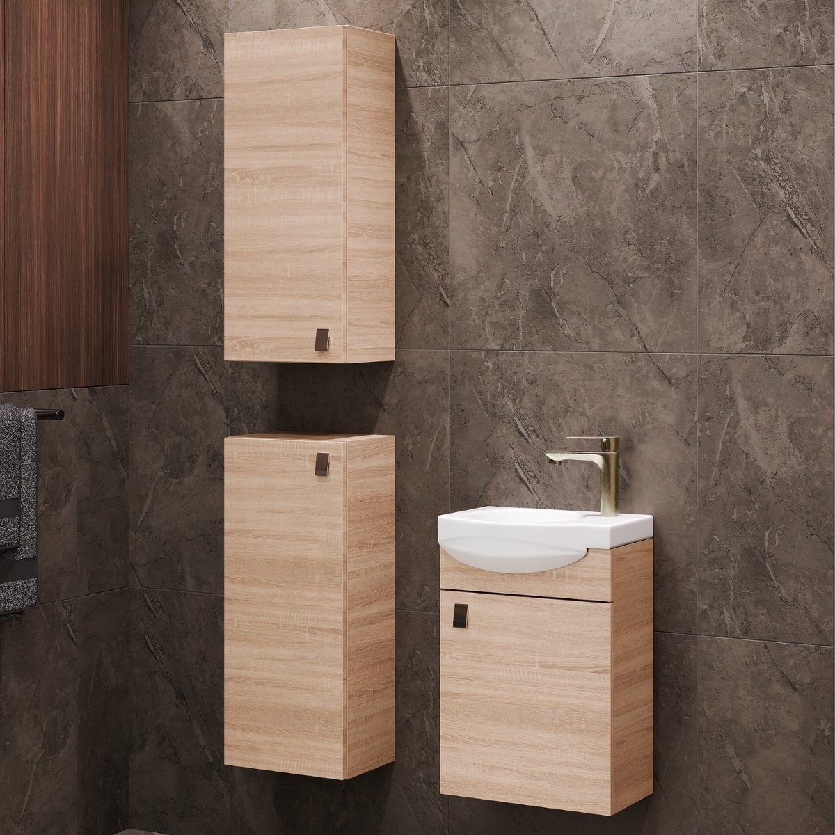 Planetmöbel - Badkamermeubelset 40 cm - Sonoma eiken - Met keramische wastafel - 2x Midikast