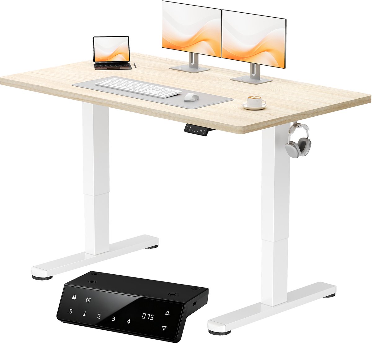 Devoko elektrisch zit-sta bureau 140 x 70 cm - dubbele motor, stevig 25 mm werkblad uit één stuk, USB en USB-C - Beige