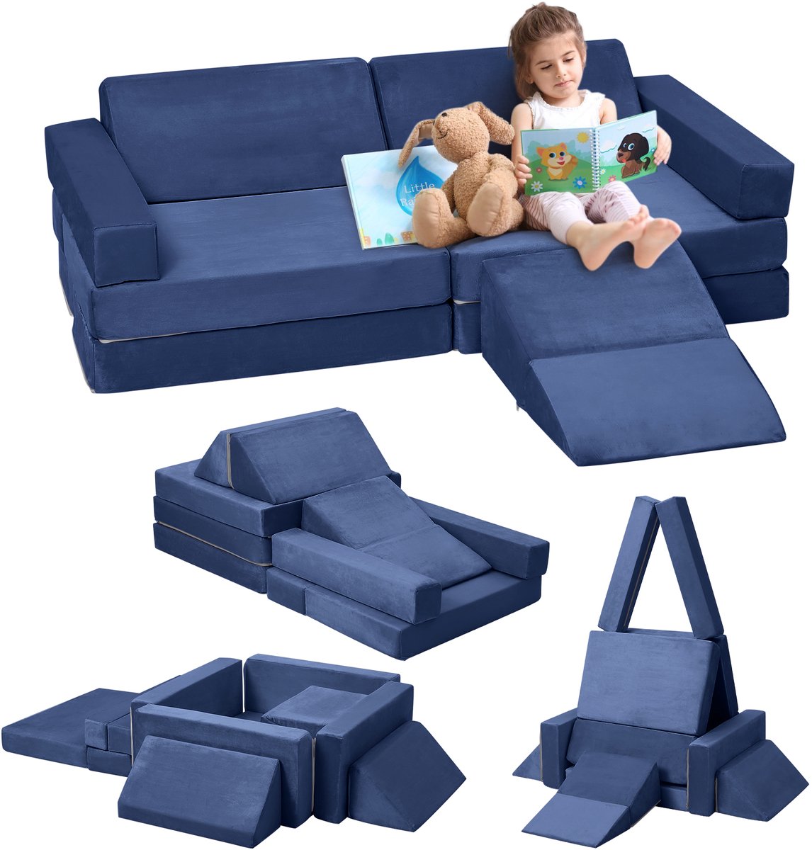 Danky - 12‑Delig Modulair Kinder Speelbank Set - Omvormbaar Schuim Bankje met Glijbaan, Wasbare Fluwelen Hoes - 120x60x28cm - Marineblauw