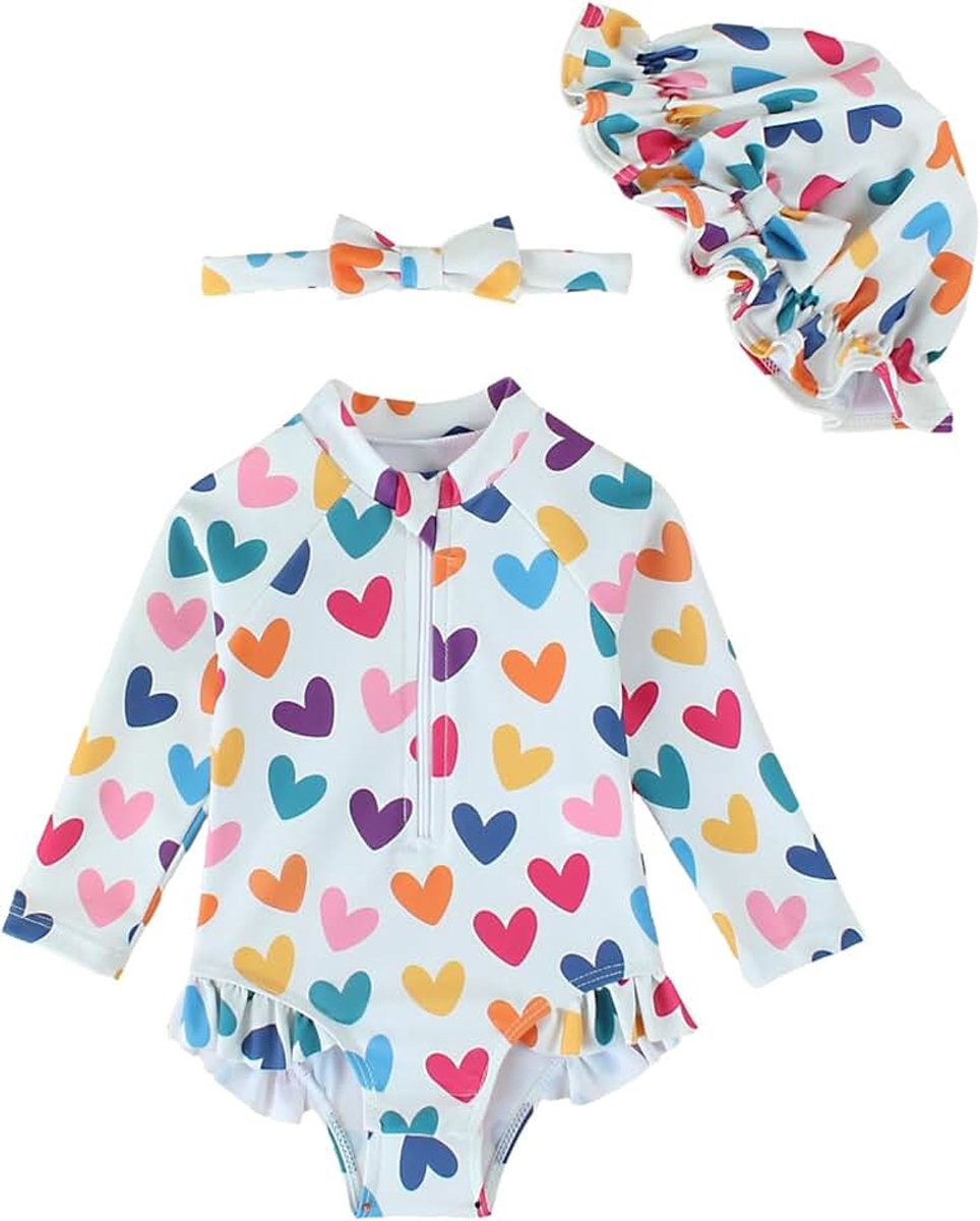 Badpak met lange mouwen voor pasgeborenen en meisjes, eendelig badpak voor baby's en meisjes met muts, ritssluiting en drukknopen, 3-24 maanden