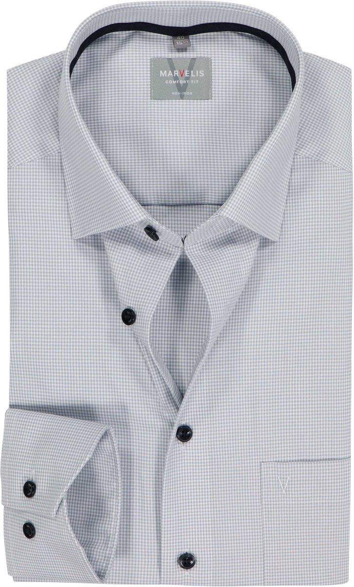 MARVELIS comfort fit overhemd - popeline - zilvergrijs met wit geruit - Strijkvrij - Boordmaat: 40 (EU maat: M)