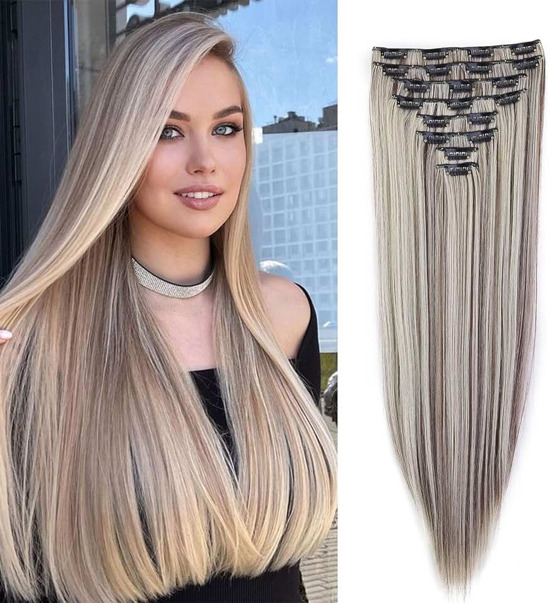 Clip in Extensions Haarstukje Haarverlenging Recht 8PCS 60cm Clip in Haarextensies Zoals Echt Haar Goedkope Synthetische Lang, Lichtbruin/Bleekblond