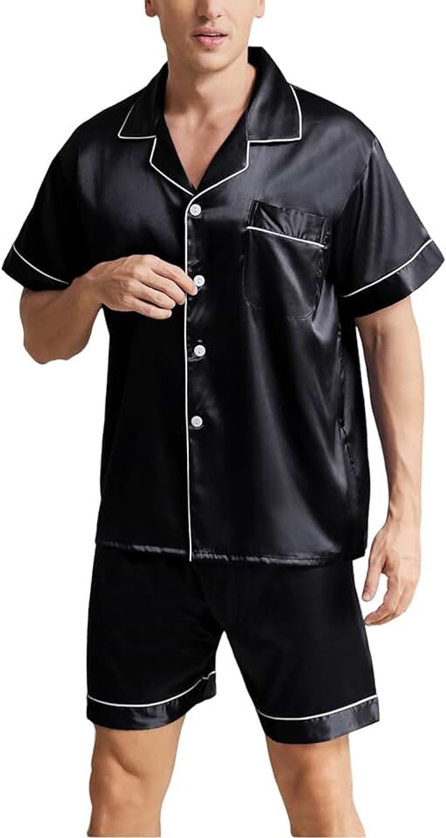 Pyjamasets voor heren van zijdesatijn met korte mouwen en klassieke shorts met knoopsluiting, comfortabel, zacht, tweedelige nachtkleding