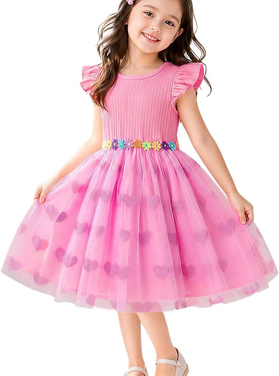 Meisjesjurk met ruches, korte mouwen, feestjurk, tule jurk, verjaardagsjurk, ronde hals, geribbeld, bruiloft, feestelijk meisjes, kinderjurk voor 2-7 jaar