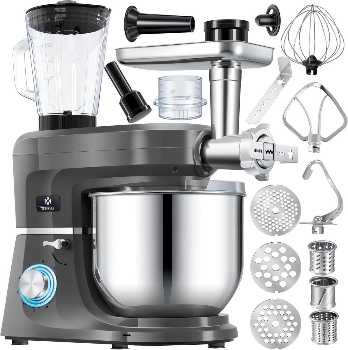 Keukenmachine - Mixer deeg - Bakken en koken - Met vleesmolen - 55 liter kom - Antraciet