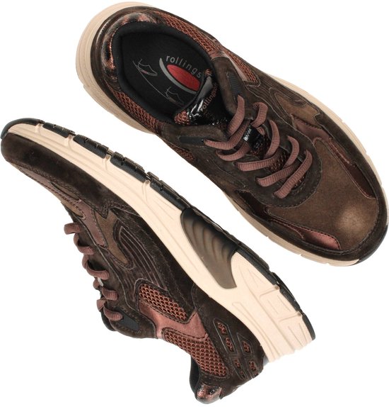Bovenkant van bruine Gabor Rollingsoft sneakers met bronzen details.